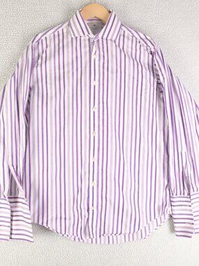 Hawes & Curtis Dress Shirt Mens 15.5 33 White Purple Striped French Cuff Windsor